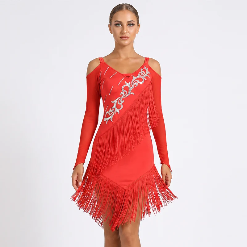 Customisable-Women's Long Sleeve Tassel DanceWear Dance Dress Performance Wear