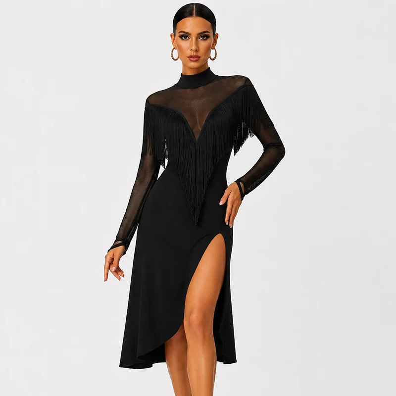 Customisable-Women's Black Long Sleeve Dance Wear Dance Dress Performance Wear