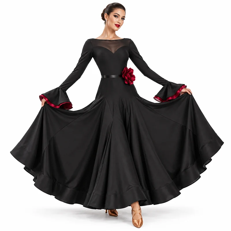 YJFY Women's Long Sleeve Modern Dance Dress Ballroom Dance Costume Training Performance
