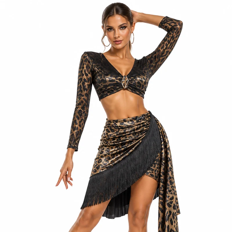 YJFY Women's Leopard Latin Dance Tops Dance Wear Training Performance Wear