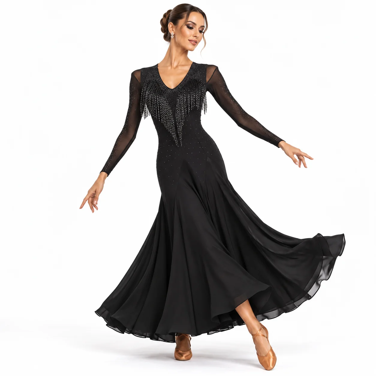 Customisable-Women's Black V-Neck Long Sleeve DanceWear Ballroom Dance Dress