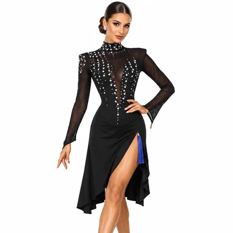 YZY Customisable-Women's Black Long Sleeve Tassel DanceWear Dance Dress Performance Wear