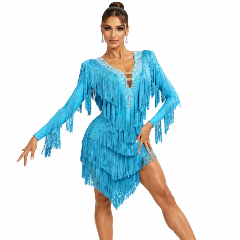 YZY Customisable-Women's Light Blue Long Sleeve Tassel Dance Wear Dance Dress Performance Wear