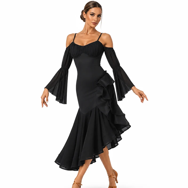 YZY Customisable-Women's Black Spaghetti Strap Tassel DanceWear Dance Dress Performance Wear