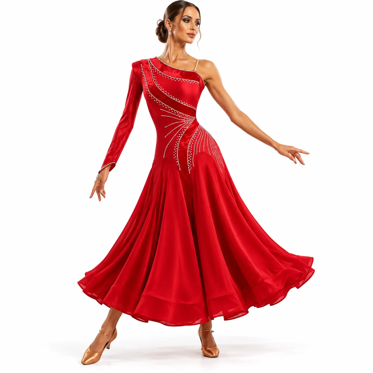 YZY Customisable-Women's Red One Shoulder Modern Dance Dress Ballroom Dance Costume Training Performance