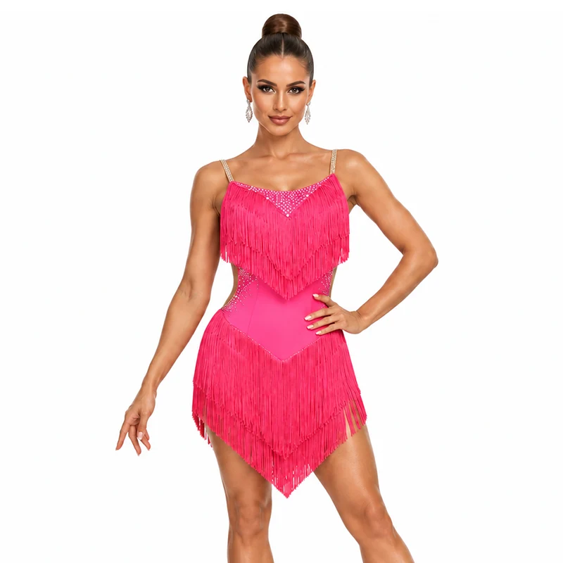 Customisable-Women's Pink Tassel Latin Dance Dress Professional Dance Stage Performance Wear