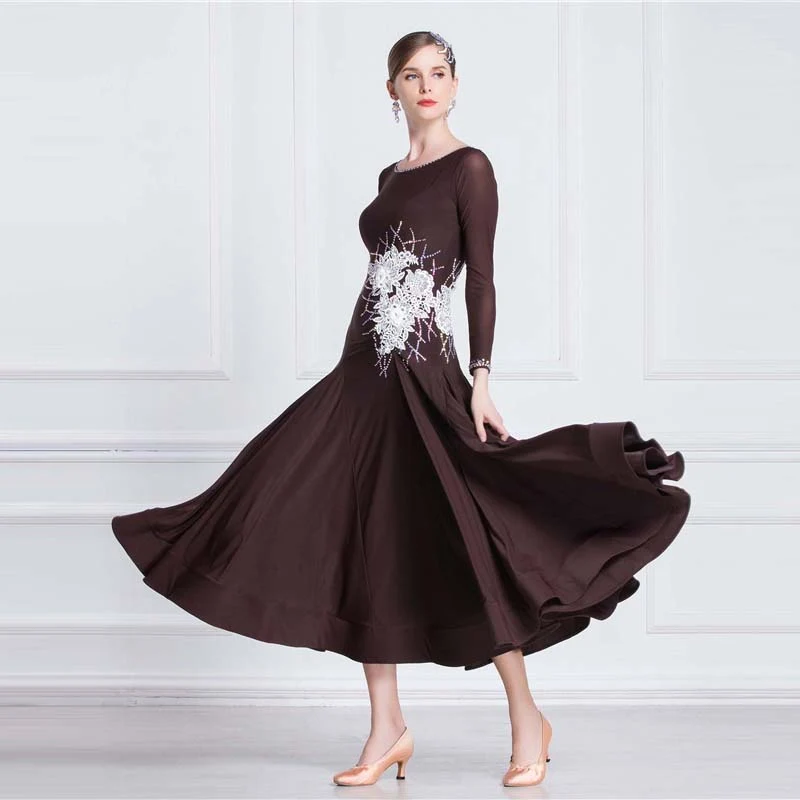 YUN Customisable-Women's Long Sleeve Applique with Diamonds Waltz Modern Ballroom Dance Dress