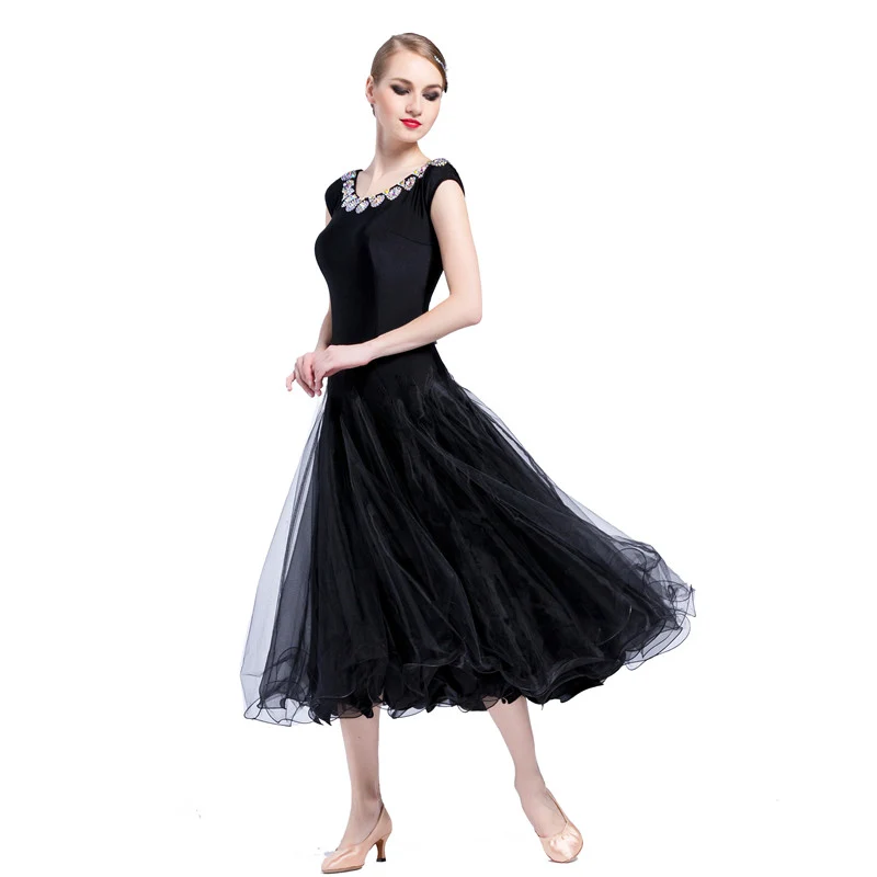 YUN Customisable-Women's Sleeveless Mesh Diamonds Waltz Modern Ballroom Dance Dress