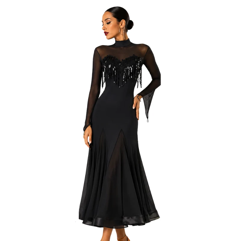Customisable-Women's Black Long Sleeve Modern Dance Performance Dress Ballroom Dance Dress