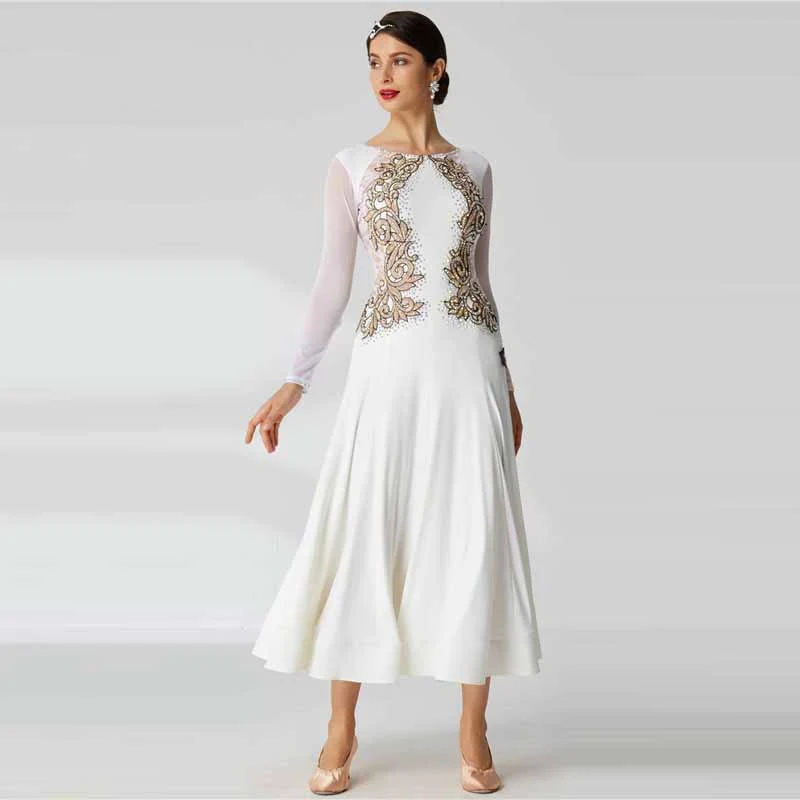 YUN Customisable-Women's Long Sleeve Lace Diamonds Dress For Ballroom Dancing Smooth Dress