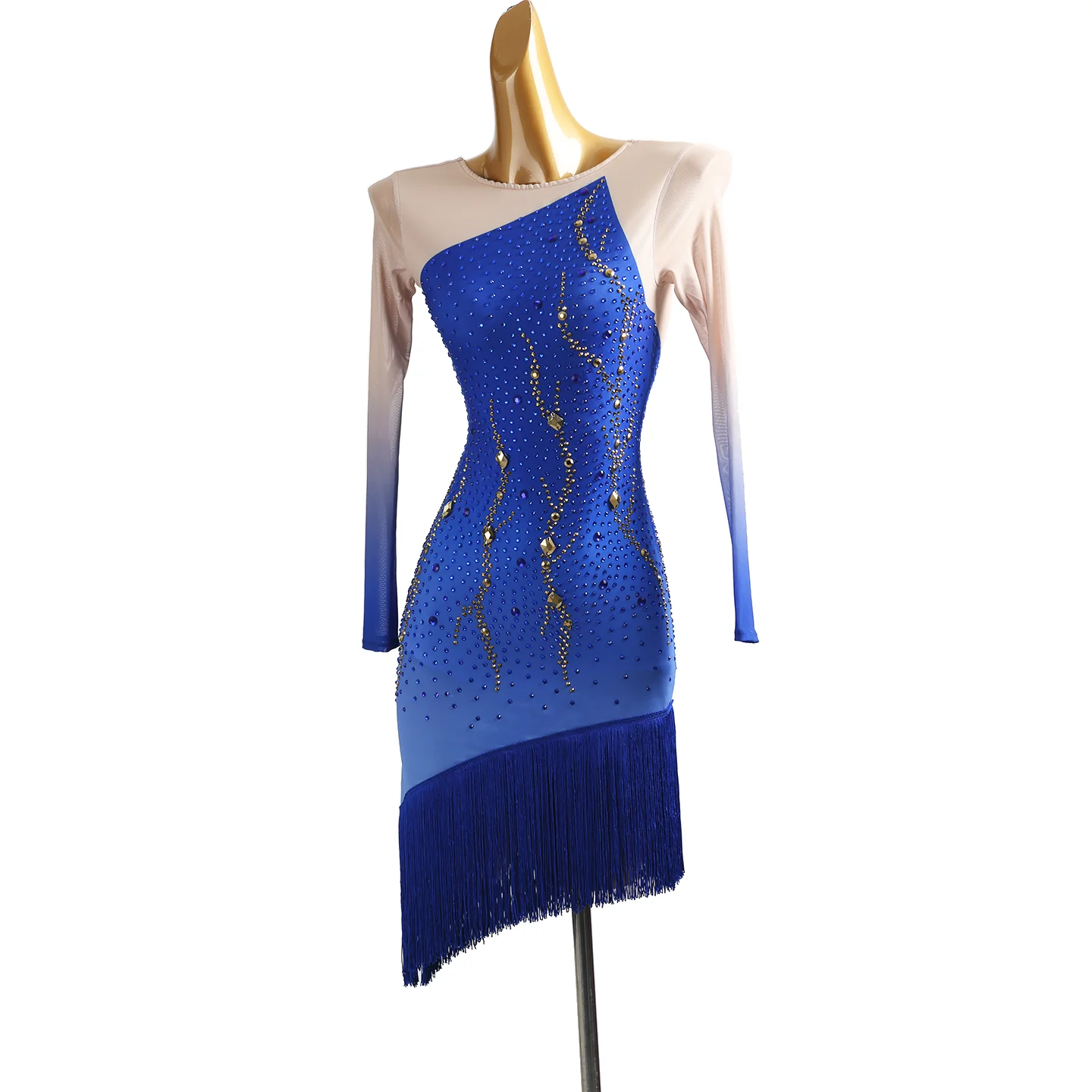 YZY Customisable-Women's Blue Tassel Long Sleeve DanceWear Dance Dress Performance Wear
