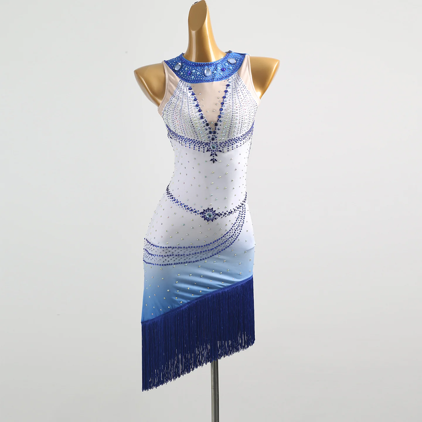 YZY Customisable-Women's Blue Tassel Sleeveless DanceWear Dance Dress Performance Wear