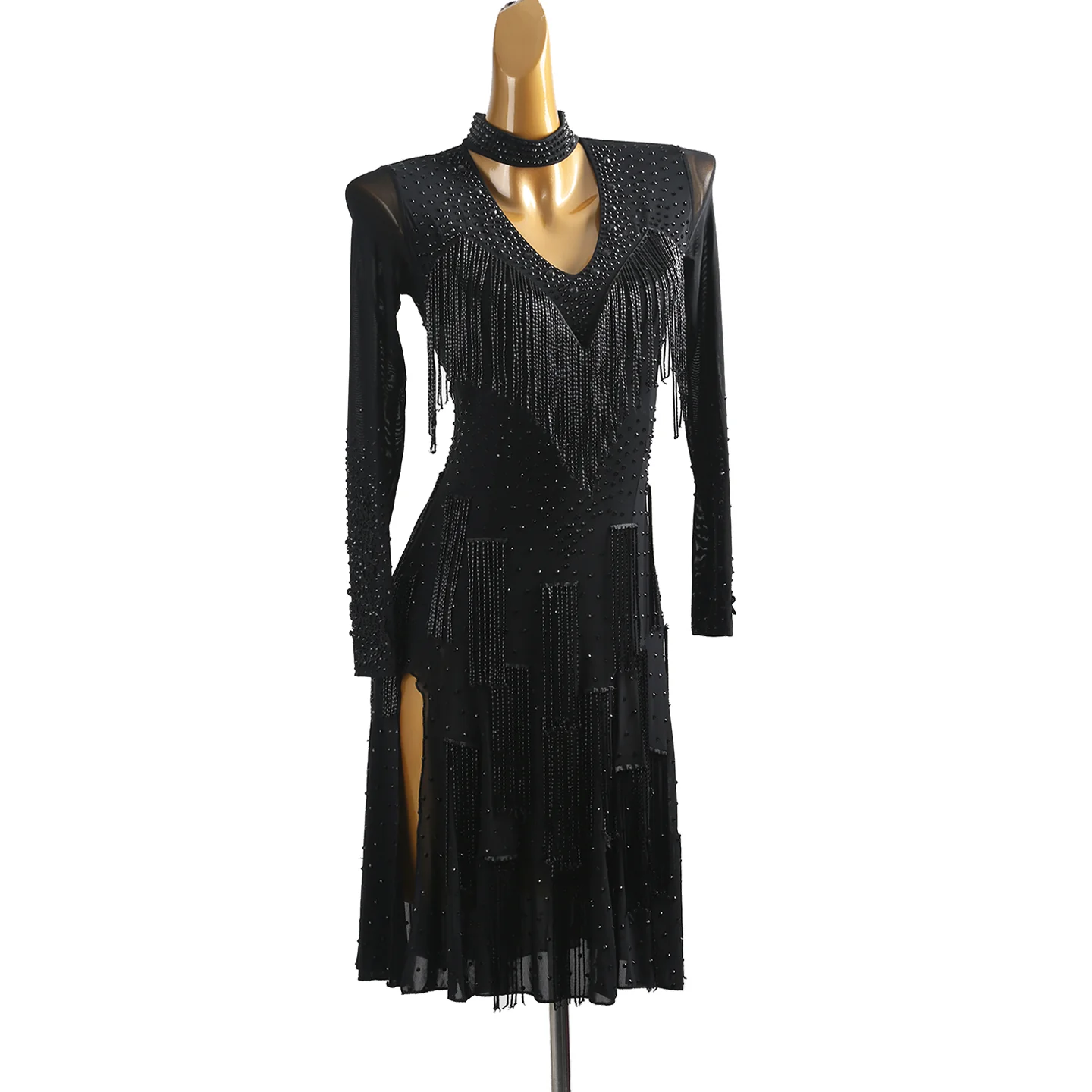 YZY Customisable-Women's Black Long Sleeve Tassel DanceWear Dance Dress Performance Wear