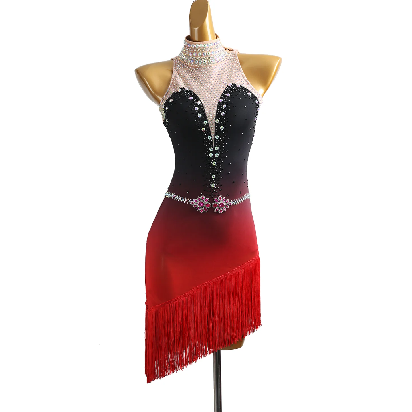 YZY Customisable-Women's Black-Red Tassel Sleeveless DanceWear Dance Dress Performance Wear