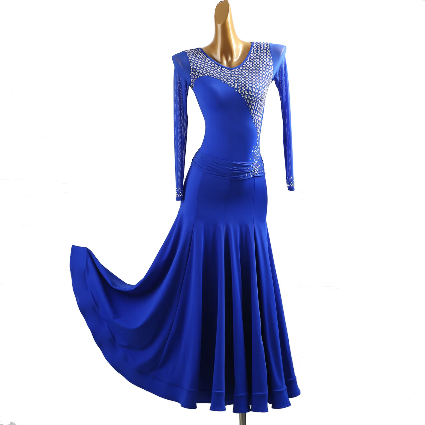 YZY Customisable-Women's Blue Long Sleeve Modern Dance Dress Ballroom Dance Costume Training Performance