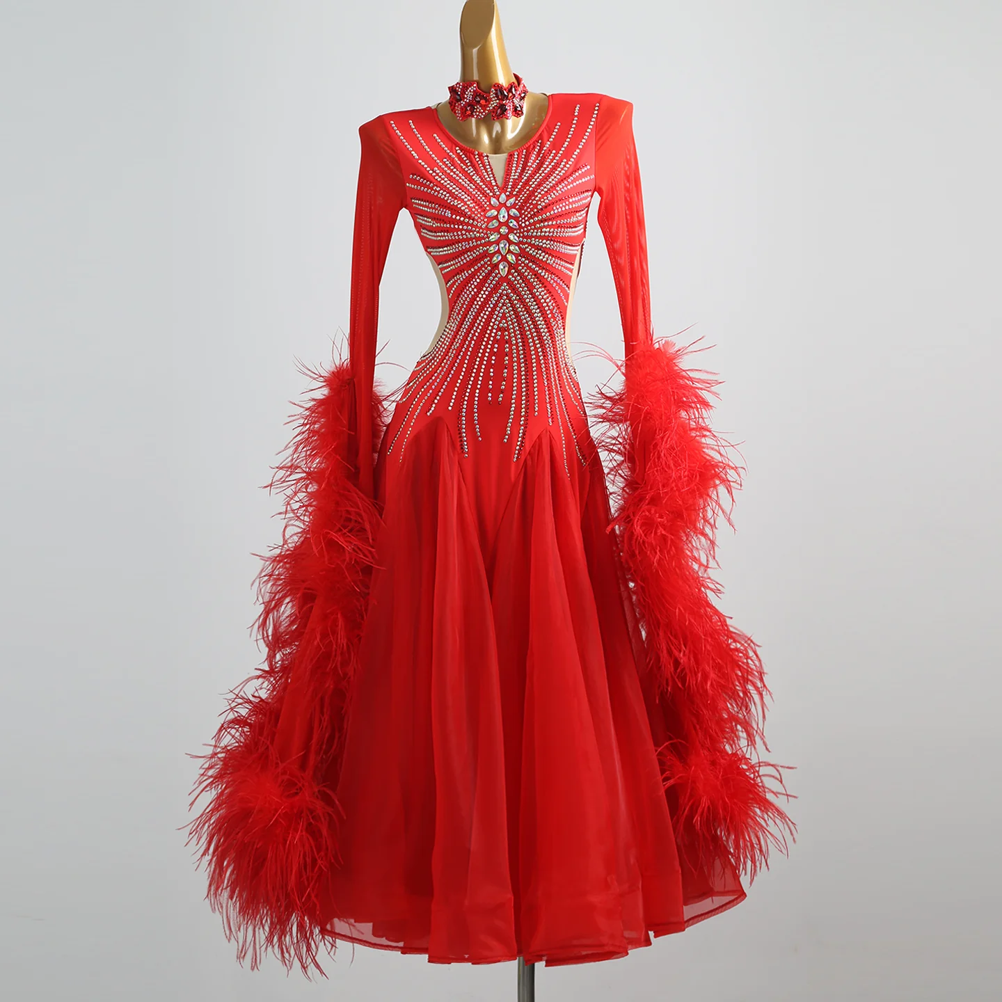 YZY Customisable-Women's Red Long Sleeve Feather Modern Dance Dress Ballroom Dance Costume Training Performance