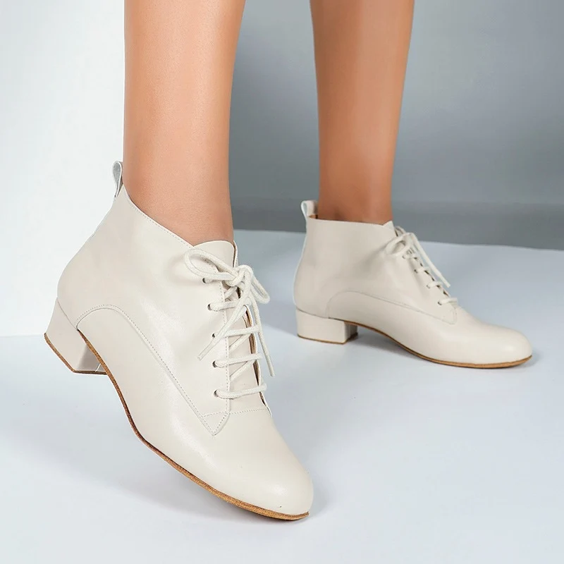 SH Women's Apricot 2.5cm Heel Jazz Shoes Lace-up Dance Heels Boots