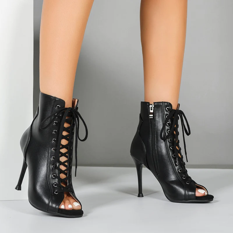 AJ Women's Black PU Rubber Sole 10cm Heel Heels Dancer Boots Jazz Salsa Dancing Shoes