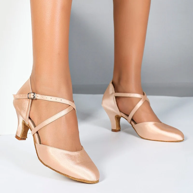 Women's Flesh Pink Satin Customized Heel Closed Toe Ballroom Dance Shoes Modern Shoes
