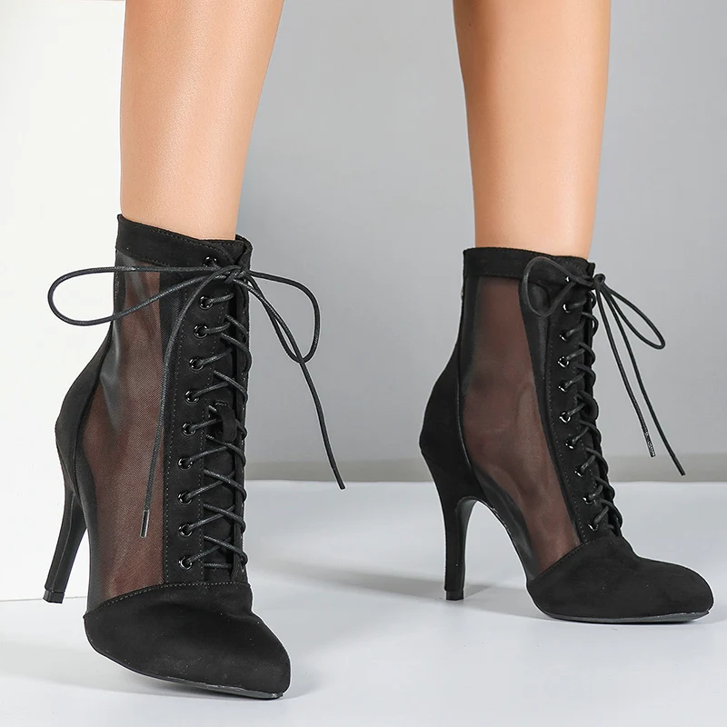 DS Women's Lace up Rubber Sole Customized High Heel Salsa Jazz Dance Shoes Dance Heels Boots