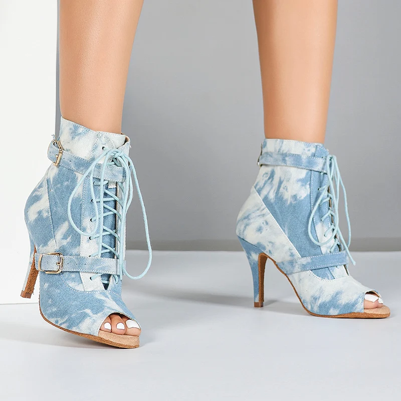 Women's Denim Customized Heel Dance Boots Salsa Jazz Dance Shoes