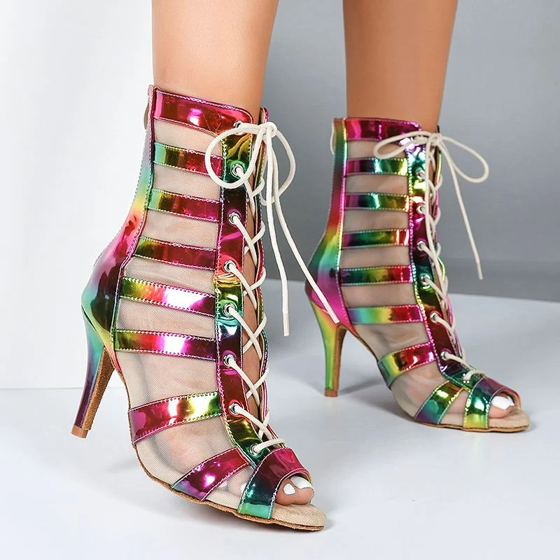 DS Ladies PU Rainbow Customized Heel Dance Boots Salsa Professional Dance Shoes