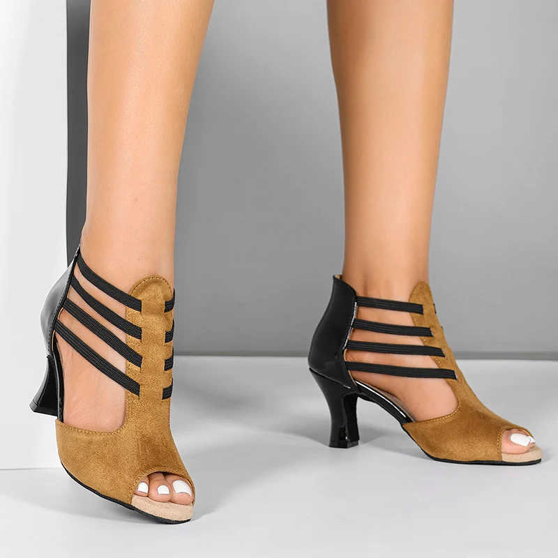 Women's Khaki Leatherette Customized Heel Salsa Shoes/Dance Boots Ballroom Dance Shoes