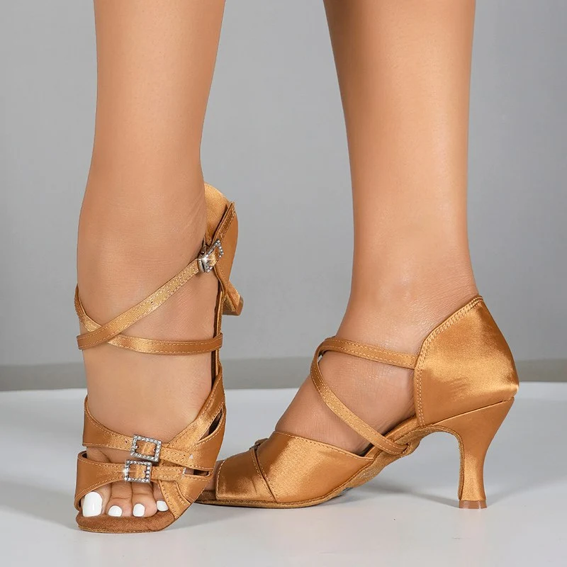 Women's Customized Heel Brown Satin Salsa Dance Shoes Latin Dance Shoes