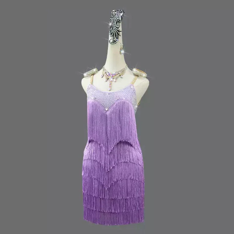 Customisable-Women's Purple Tassel Latin Dance Dress Professional Dance Stage Performance Wear