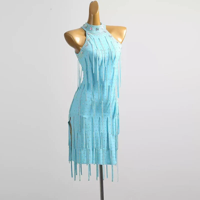 YZY Customisable-Women's Light Blue Sleeveless Tassel DanceWear Dance Dress Performance Wear