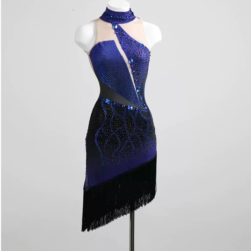 YZY Customisable-Women's Blue Sleeveless Tassel DanceWear Dance Dress Performance Wear