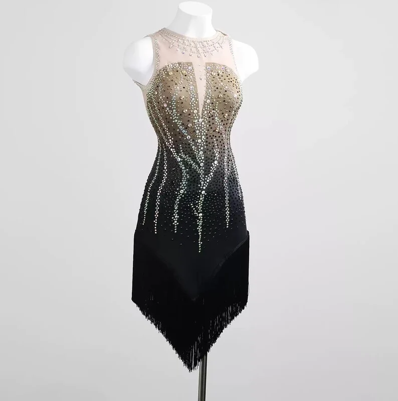 YZY Customisable-Women's Black Sleeveless Tassel DanceWear Dance Dress Performance Wear