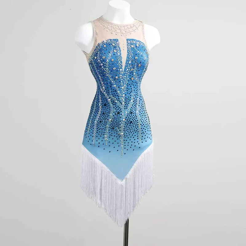 YZY Customisable-Women's Light Blue Sleeveless Tassel DanceWear Dance Dress Performance Wear