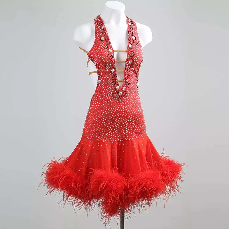 YZY Customisable-Women's Red Feather DanceWear Dance Dress Performance Wear