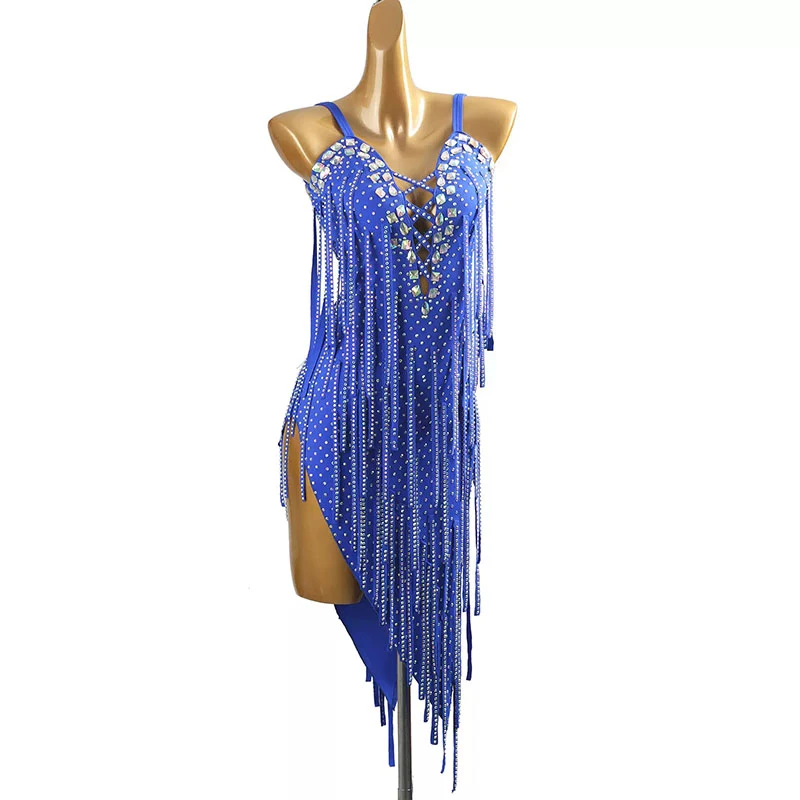 YZY Customisable-Women's Blue Tassel DanceWear Dance Dress Performance Wear