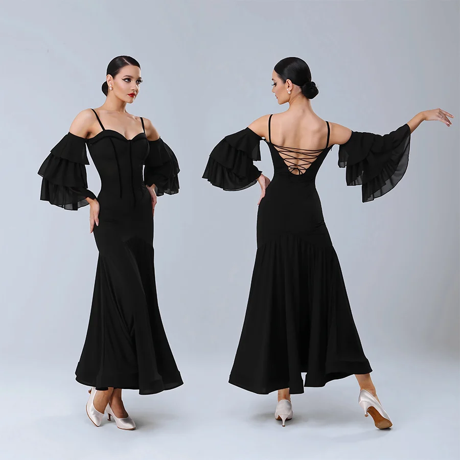 TID Customisable Women's Off Shoulder Black Dance Dresses Performance Competition Dancewear