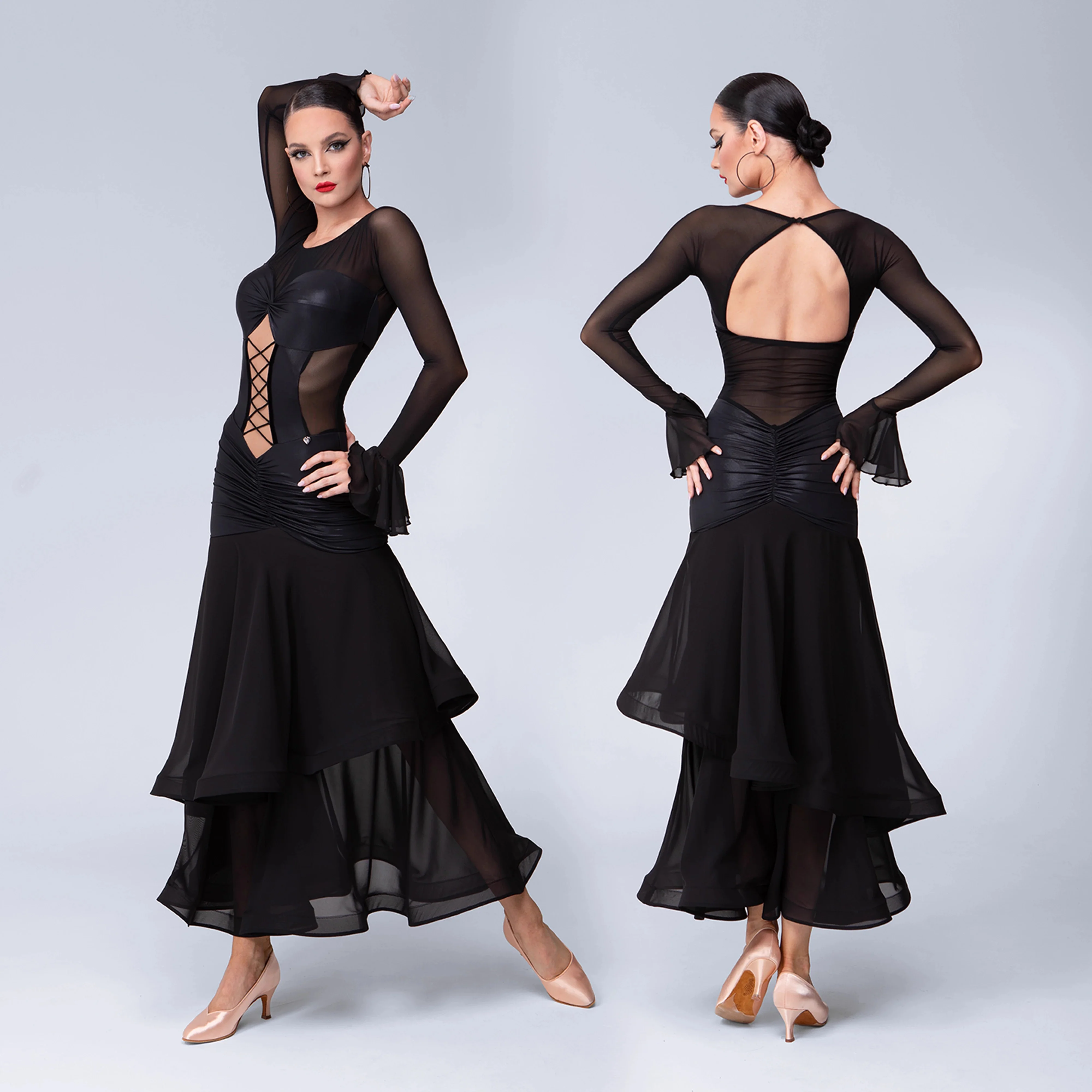 TID Customisable Women's Long Sleeve Black Dance Dresses Performance Competition Dancewear