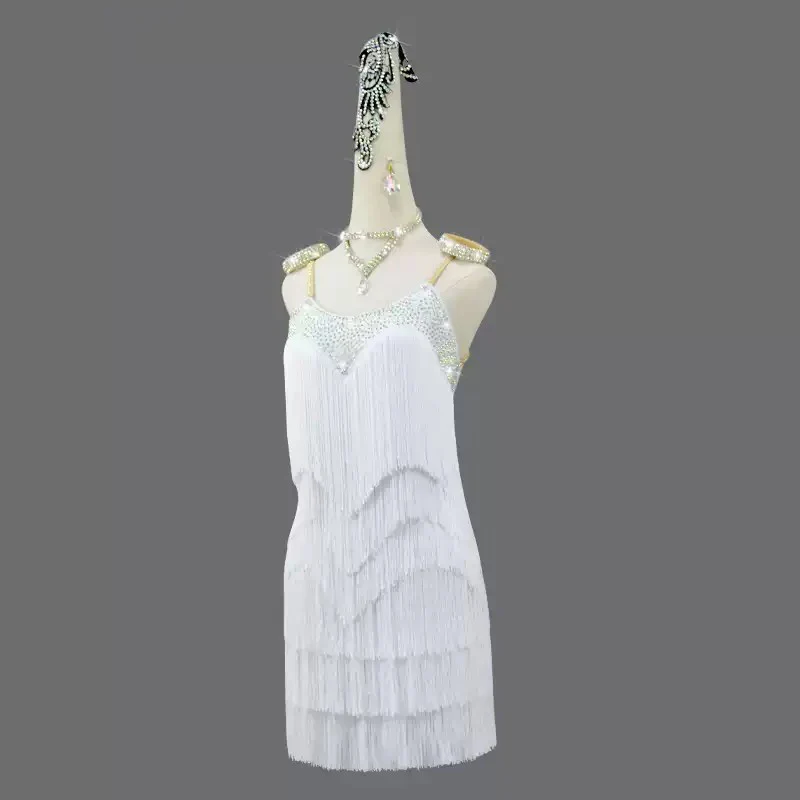 Customisable-Women's White Tassel Latin Dance Dress Professional Dance Stage Performance Wear