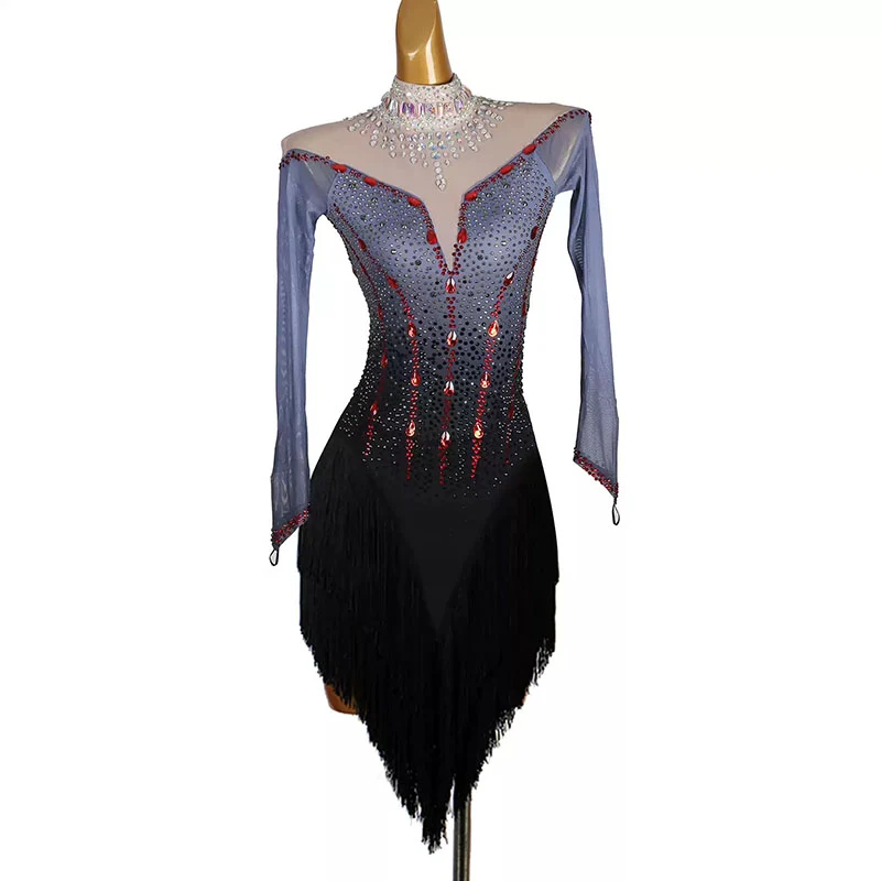 YZY Customisable-Women's Black Long Sleeve Tassel Rhinestone DanceWear Dance Dress Performance Wear
