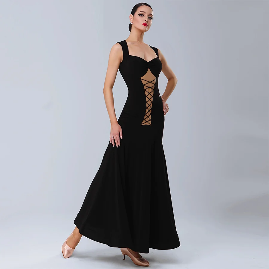 TID Customisable Women's V Neck Black Dance Dresses Performance Competition Dancewear
