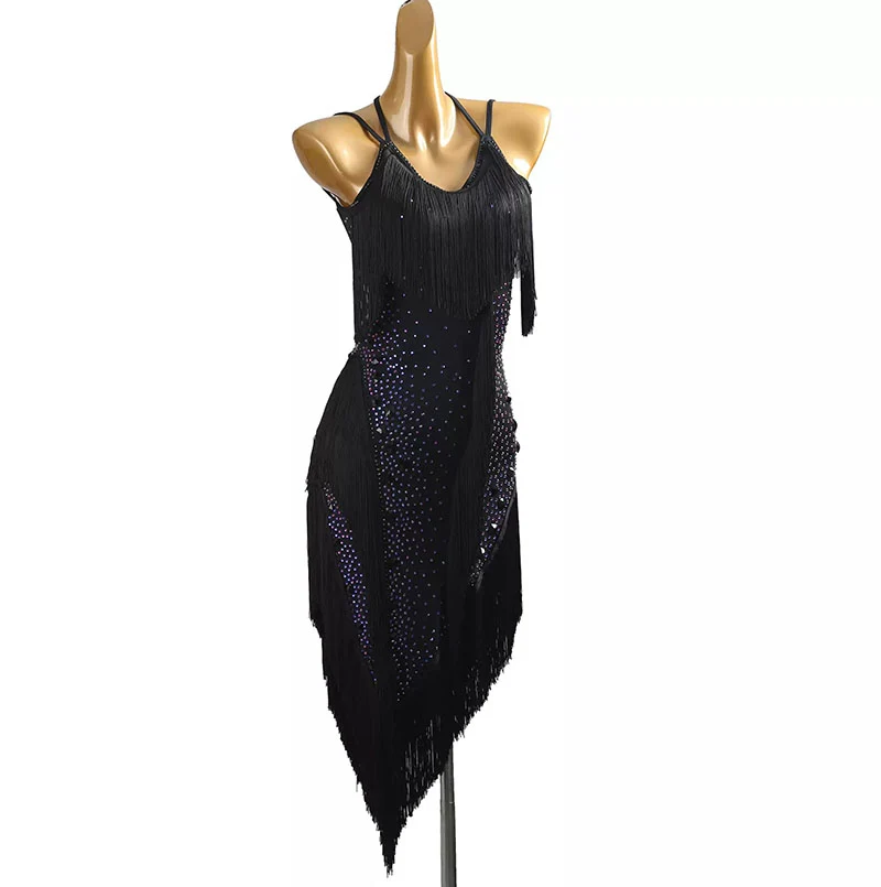 YZY Customisable-Women's Black Tassel DanceWear Dance Dress Performance Wear