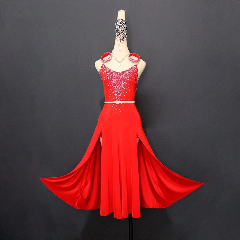 Customisable-Women's Red Latin Dance Dress Professional Dance Stage Performance Wear (With Waistband)