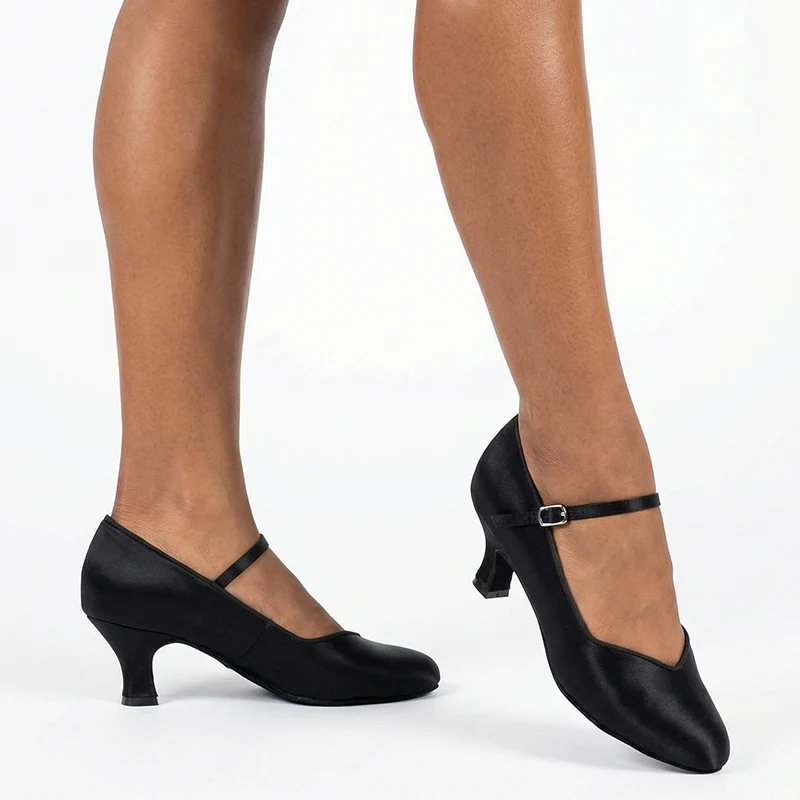 Women's Black Satin Customized Heel Modern Ballroom Dance Shoes