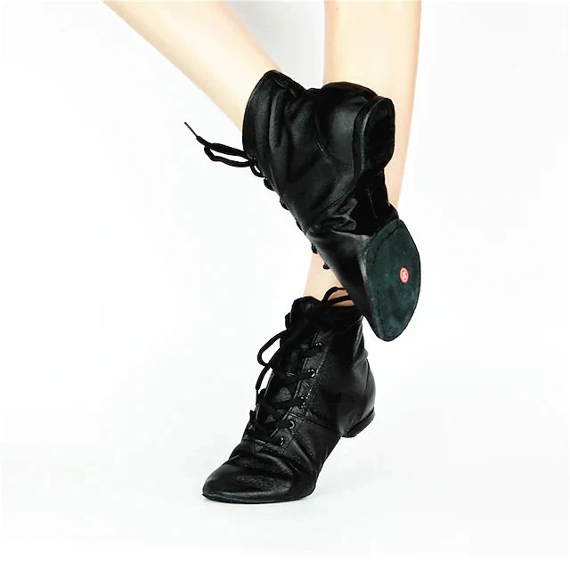 Leather Black Practice Dancing Shoes Jazz Boots Soft-Soled High Boots. Black