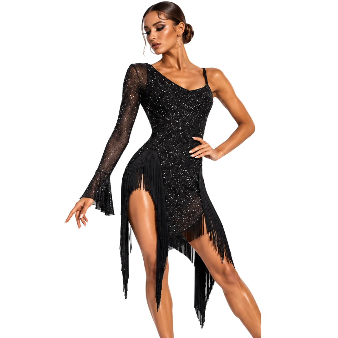 YJFY Women's Black Tassel Latin Dance Dress Dance Wear Training Performance Dress